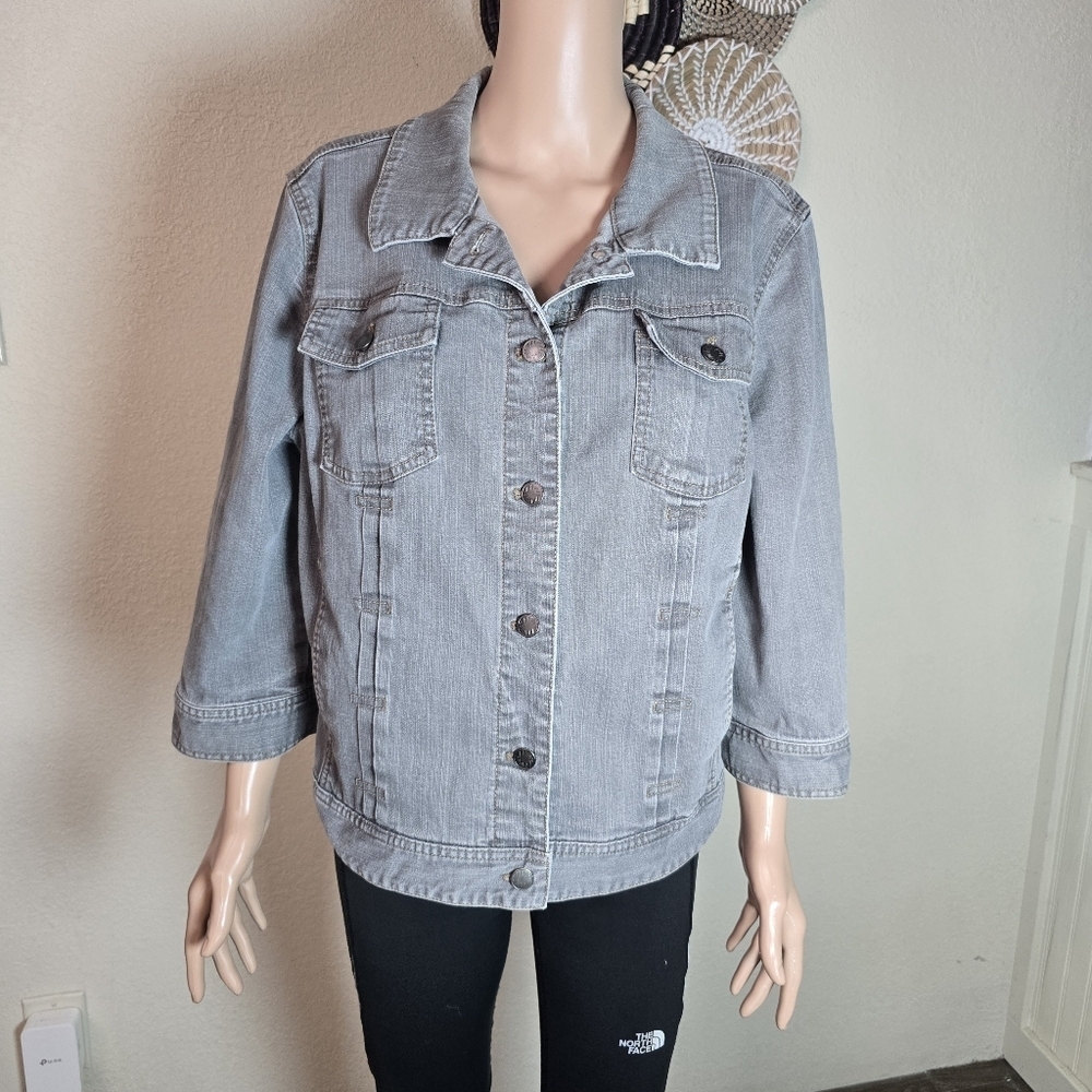 J Jill Denim Jacket Women's Xl Cotton Stretch Gray Button 3/4 Sleeve - Picture 6 of 11